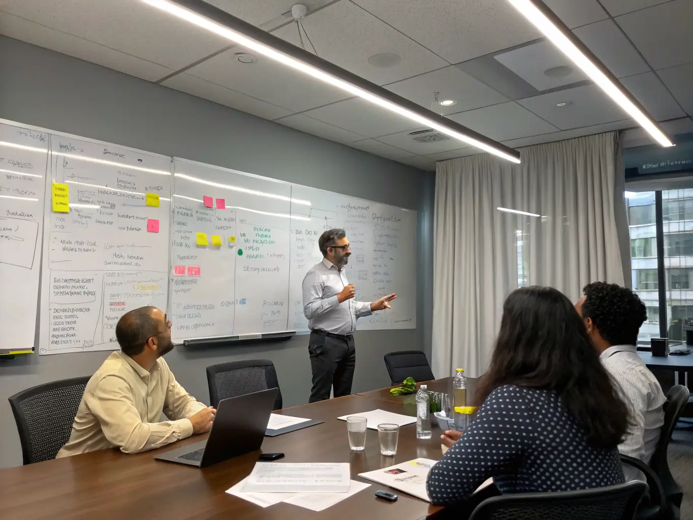 An AI Product Manager is shown leading a team meeting, discussing product strategy and AI integration, highlighting the leadership and vision required.