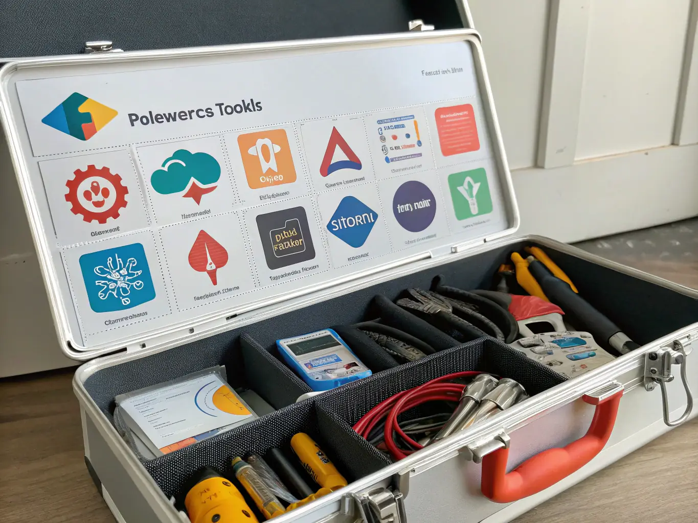 An image of a toolbox filled with various AI-related tools and resources, such as datasets, libraries, and frameworks. The image includes icons representing popular AI tools like TensorFlow, PyTorch, and scikit-learn.