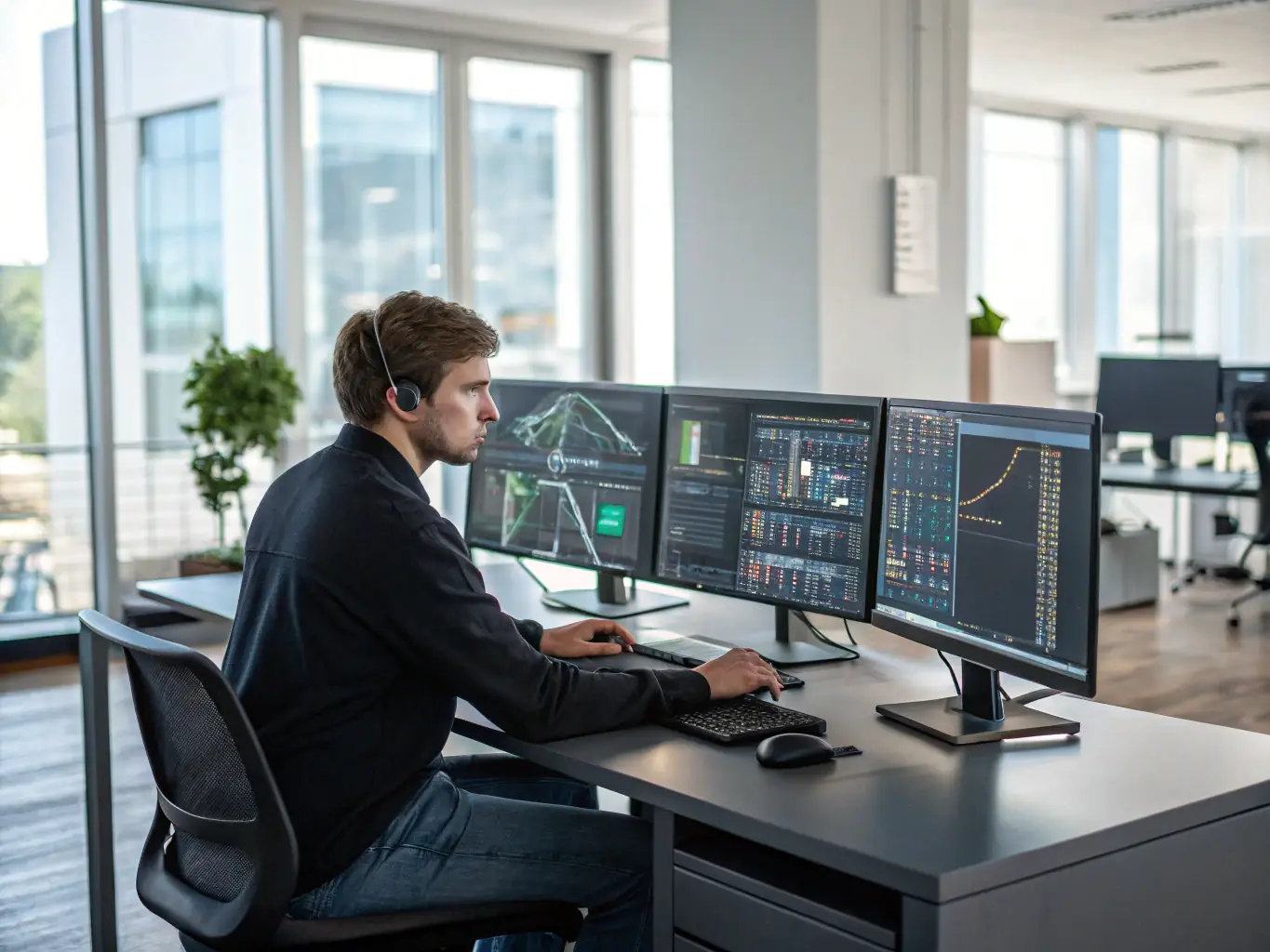 An AI Engineer is depicted working on a complex algorithm, with lines of code visible on multiple monitors, symbolizing the technical expertise required.