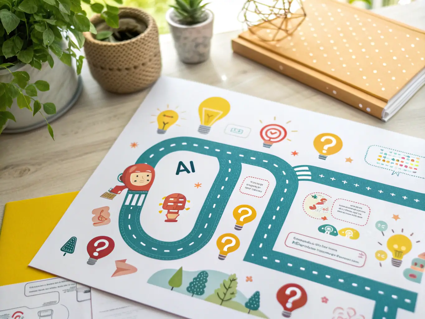 A visually appealing image depicting a roadmap with milestones representing different stages of an AI career, such as entry-level, mid-level, and senior roles. The roadmap includes icons representing skills, certifications, and projects.
