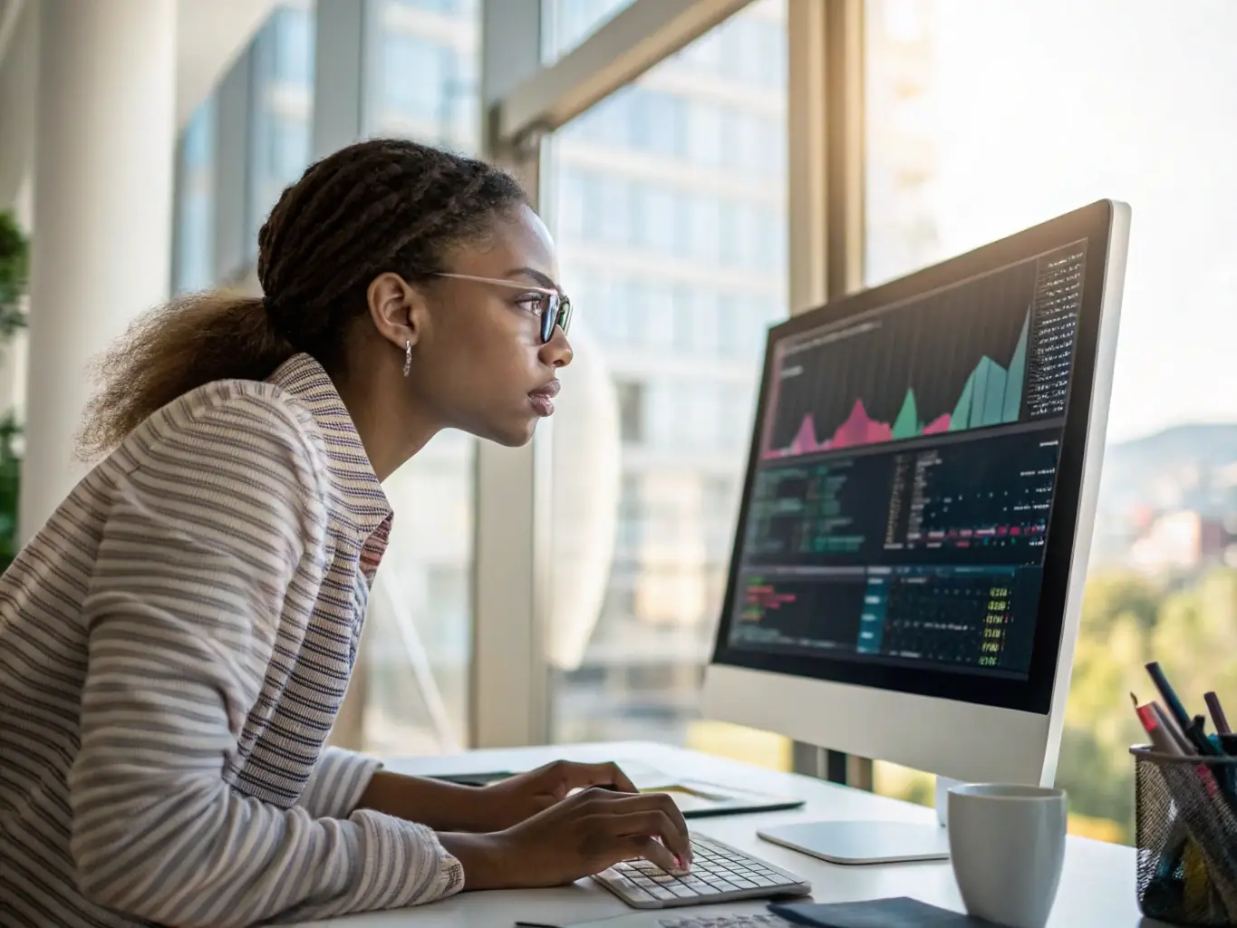A professional wearing glasses is analyzing data on a computer screen, surrounded by charts and graphs, representing the role of a Data Scientist.