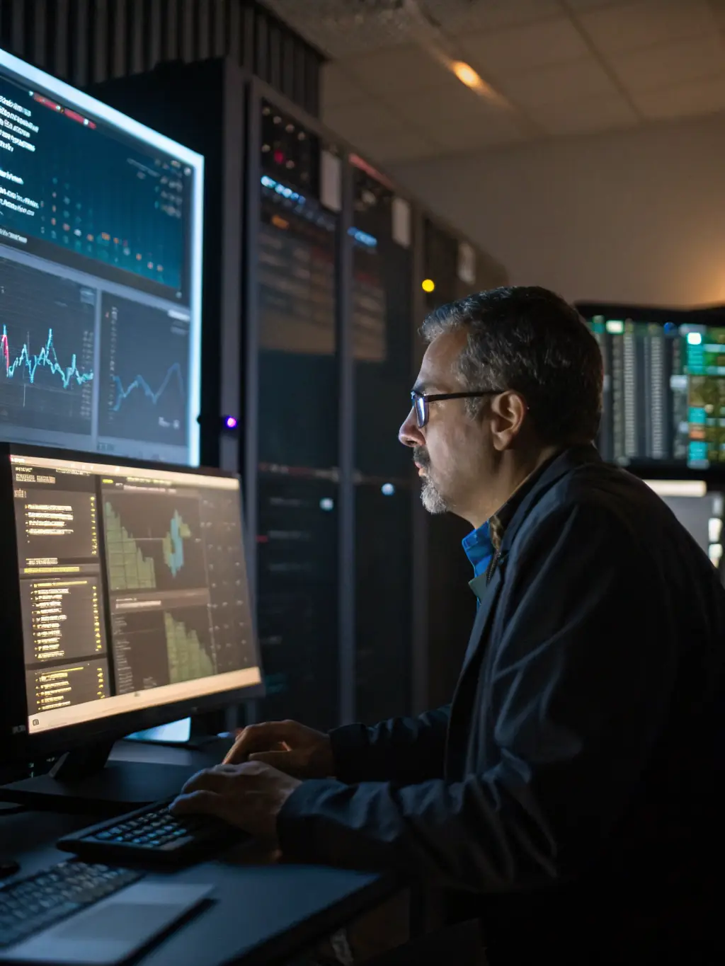 A machine learning researcher working in a lab, experimenting with AI models and algorithms, surrounded by advanced technology.
