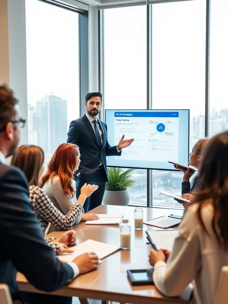 A product manager in a meeting, discussing AI product strategy with team members, using a whiteboard with product roadmaps.