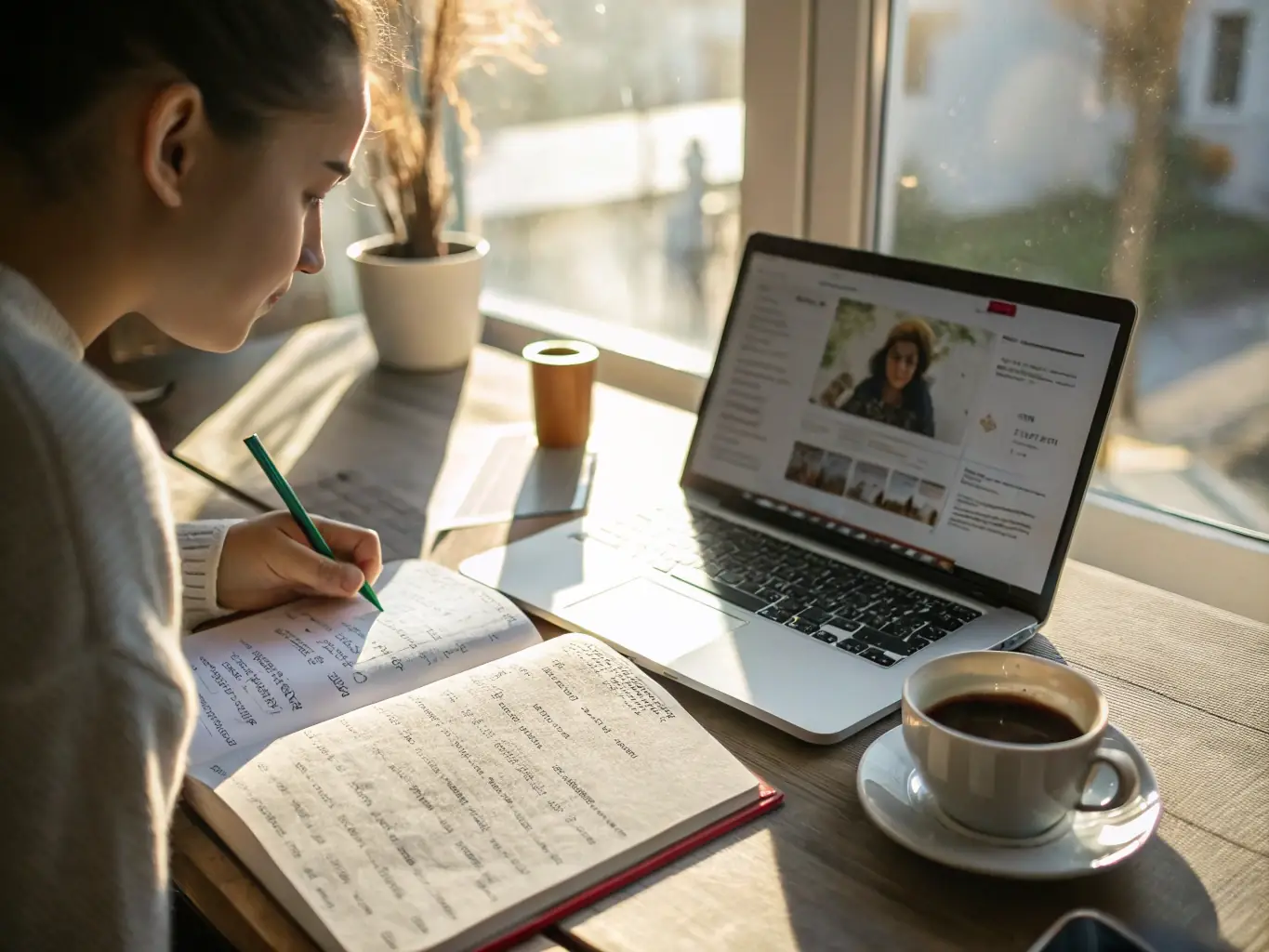 A person is enthusiastically participating in an online AI course on their laptop, surrounded by notes and textbooks, with a focus on the screen displaying complex algorithms.