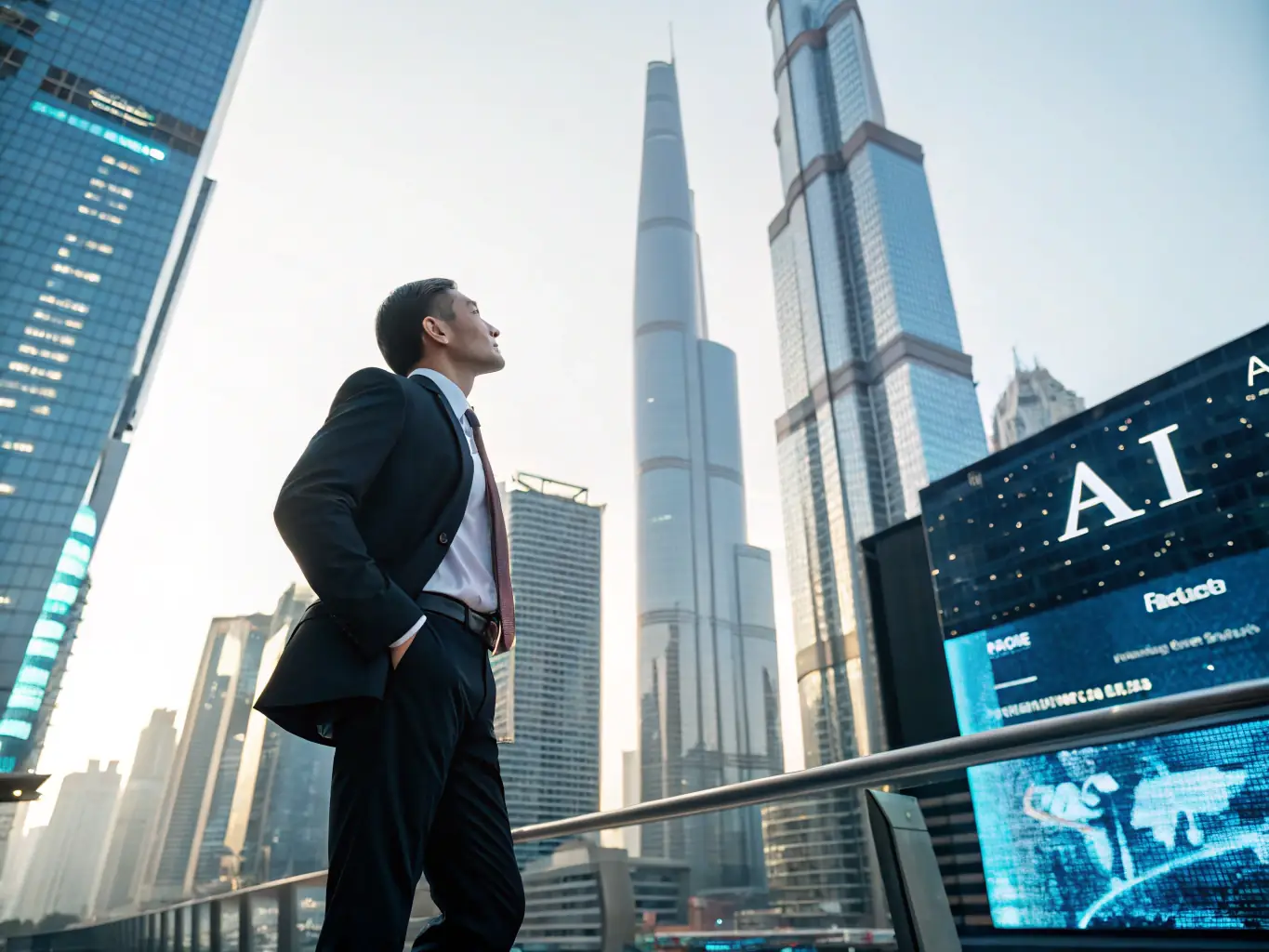A professional in a business suit confidently strides forward, symbolizing career advancement in AI, set against a backdrop of futuristic cityscape and glowing data streams.