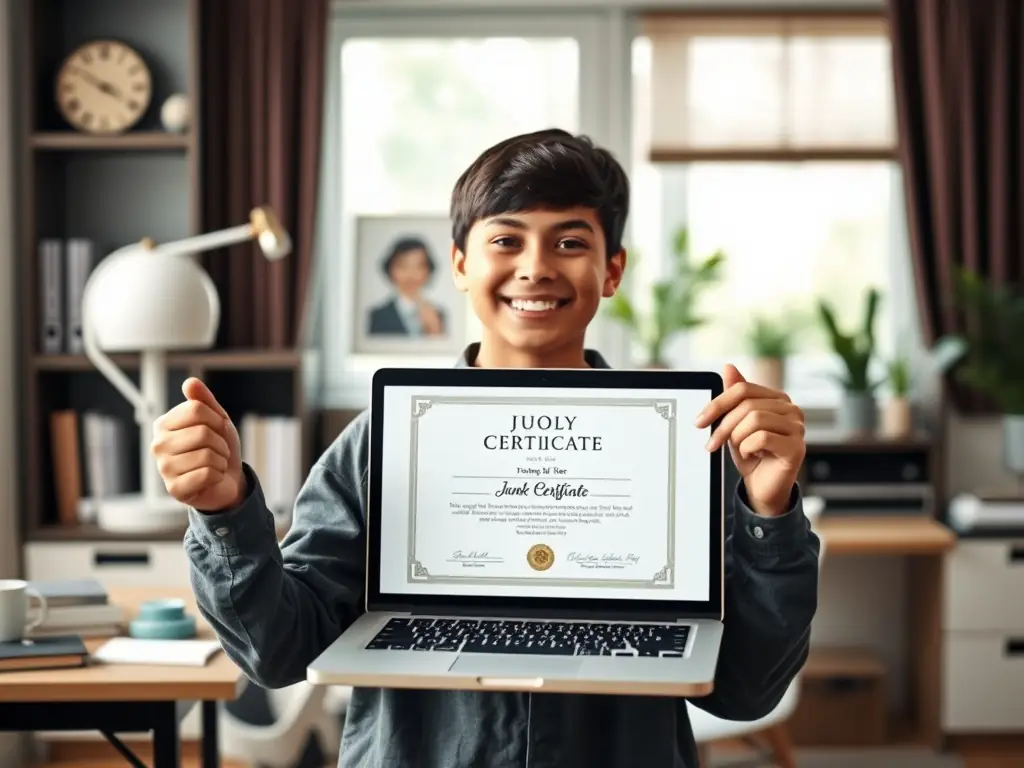 A student is celebrating completing an AI certification exam, with a digital badge displayed prominently on their profile, symbolizing their achievement and expertise.