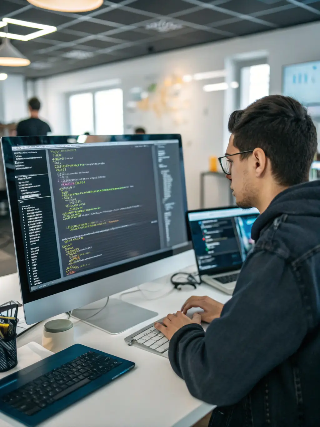 An AI engineer coding at a workstation, with lines of code visible on multiple monitors, in a brightly lit tech startup office.