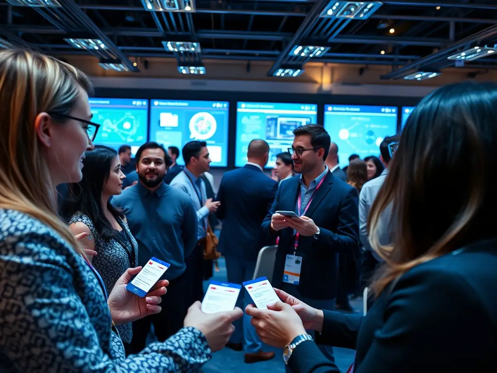 A dynamic scene of professionals networking at an AI conference, with holographic displays showcasing the latest AI innovations and industry trends.