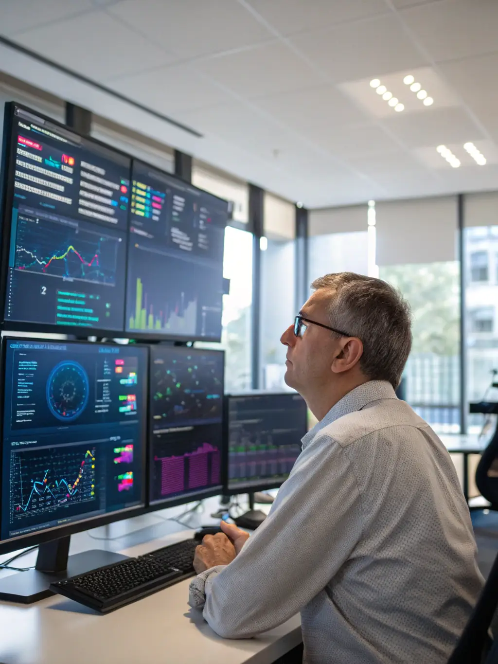 A professional data scientist working on a complex machine learning model, surrounded by data visualizations and code snippets, in a modern office setting.