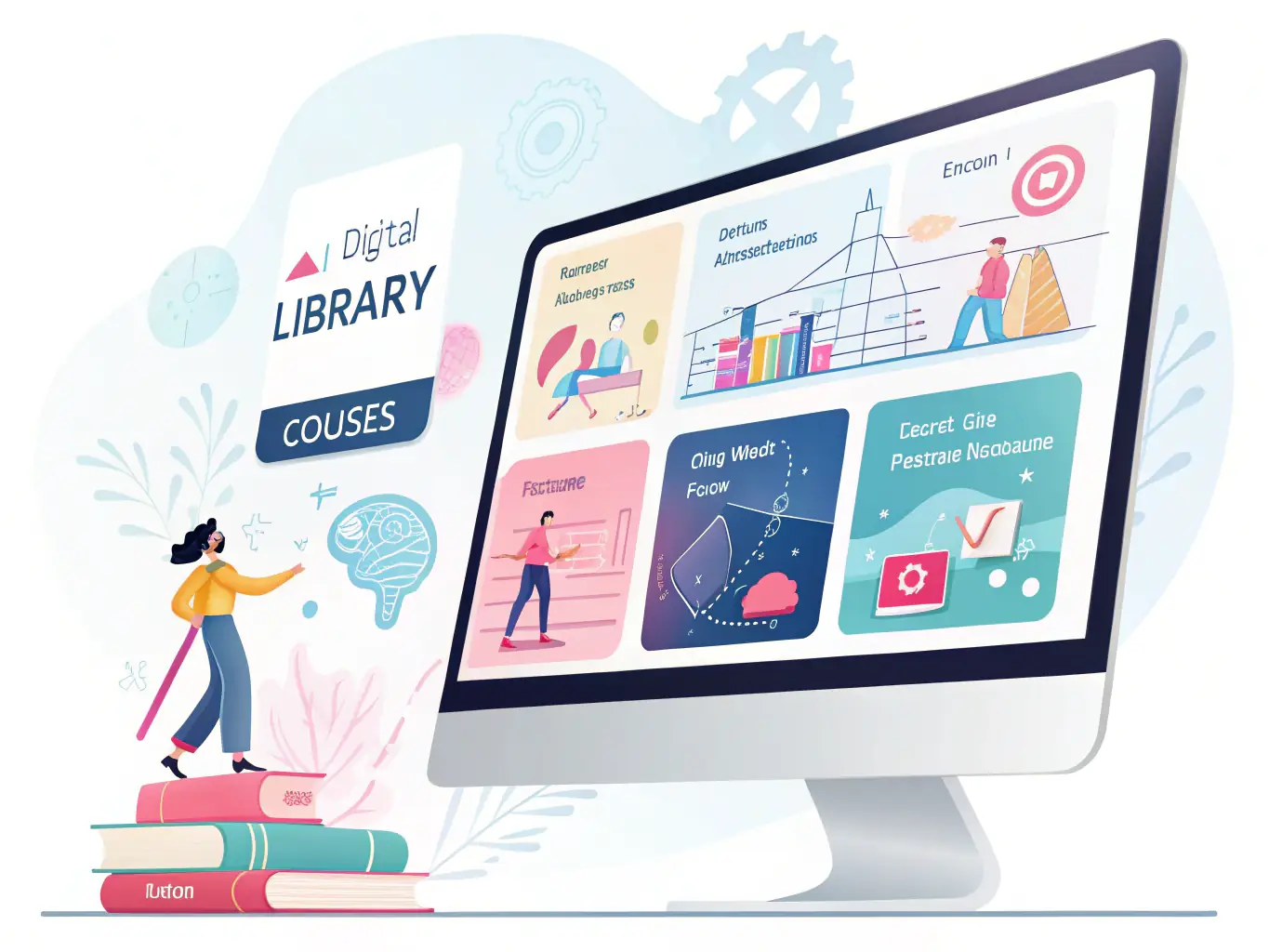 A laptop displaying an online training program interface with various AI-related courses, surrounded by icons representing different AI technologies and learning modules.
