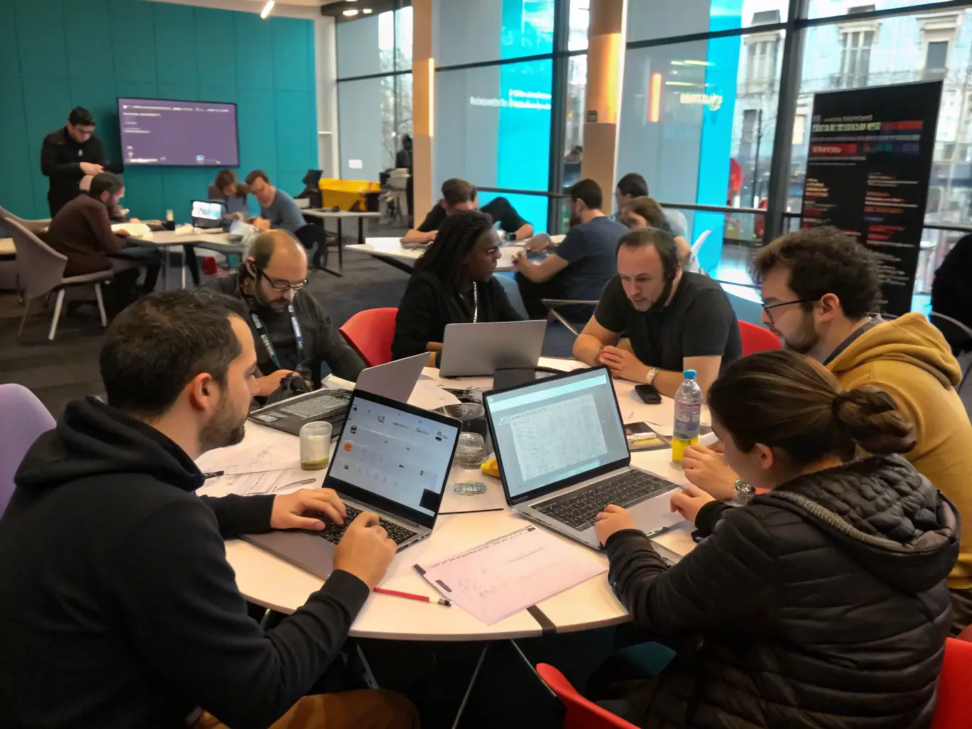 A group of professionals is collaborating on an AI project during a workshop, exchanging ideas and insights, with a focus on teamwork and problem-solving.