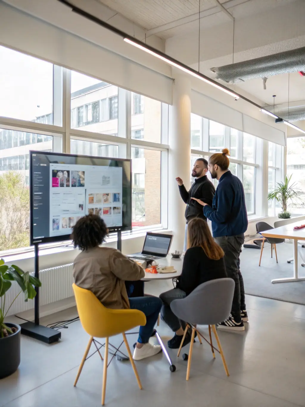 An AI product manager collaborating with a team to define the roadmap for an AI-powered product, emphasizing user experience and market strategy.